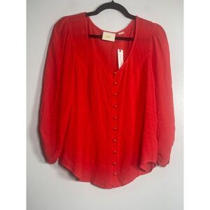 MAEVE Red Swiss Dot Button Front Blouse Smocked Back Size 14 NEW Boho Casual
